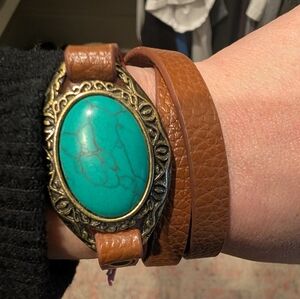 Double Sided Turquoise Stone Leather Wrap Bracelet